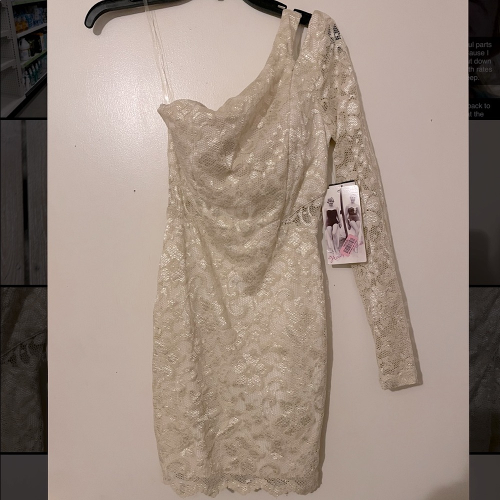 Ivory Lace One-Sleeve Cocktail Dress